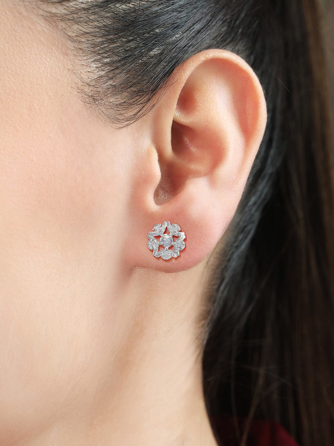 Set Of Three Rhodium Plated Geometric American Diamond Earrings