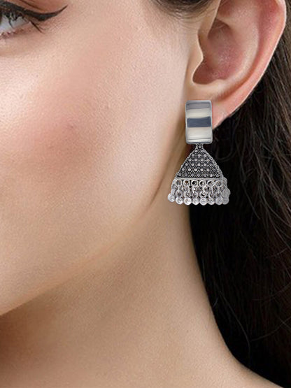 Pack of 4 Silver Oxidised Artificial Stones Studded Jhumka Earrings