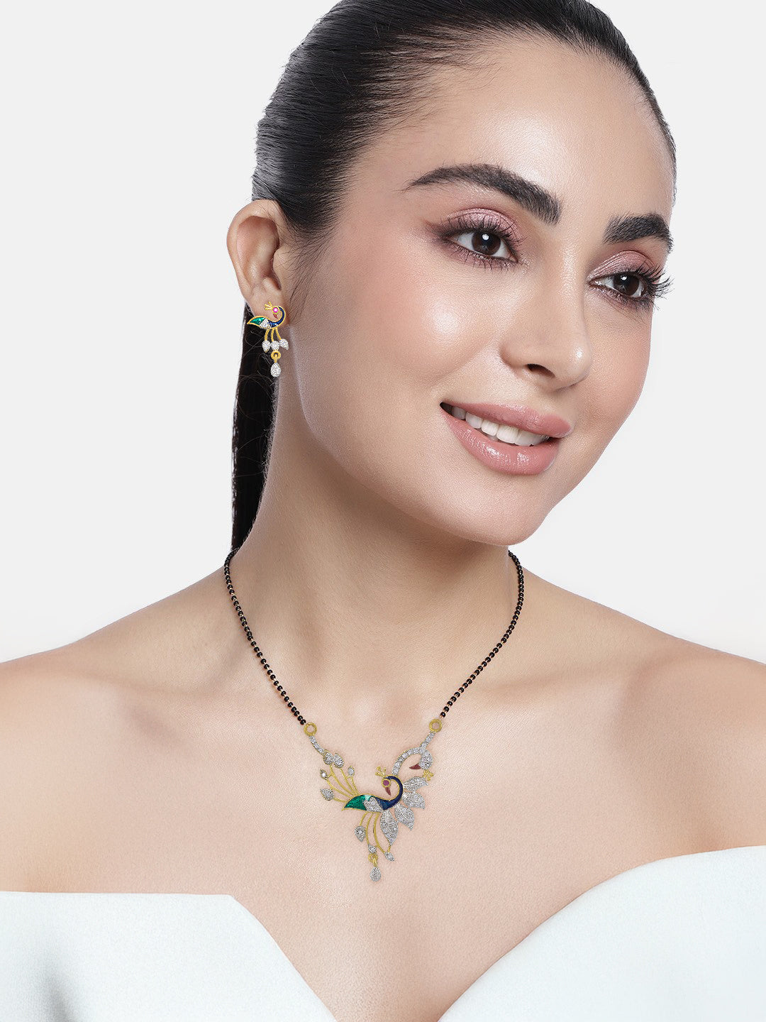 Set Of Two Gold Plated Peacock American Diamond Mangalsutra & Earrings