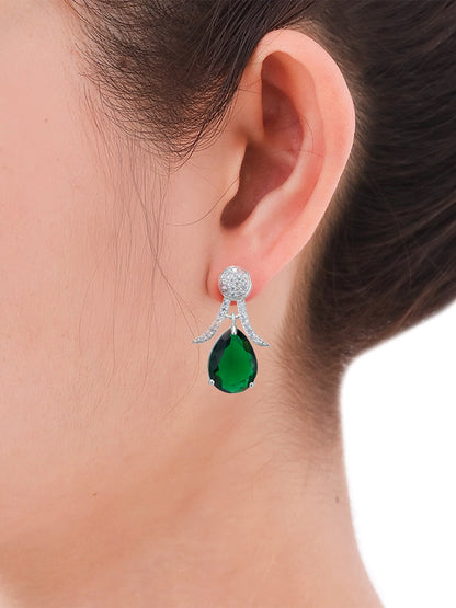 Rhodium Plated American Diamond Studded Emerald Green Earrings