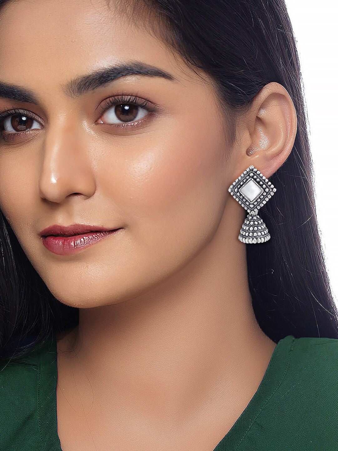 Silver Oxidized Square Mirror Studded Jhumki Earrings