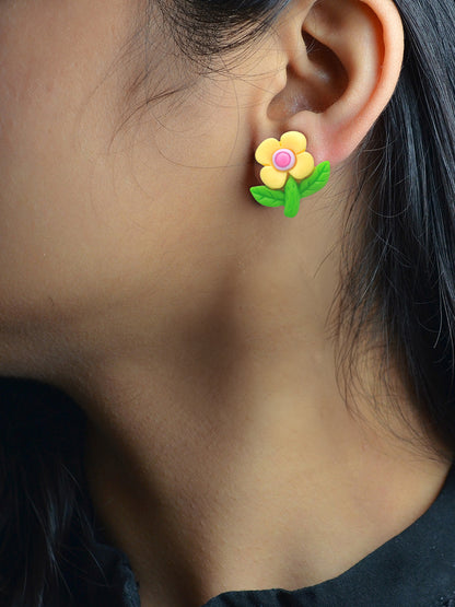 Yellow Metal Floral Studs Earrings