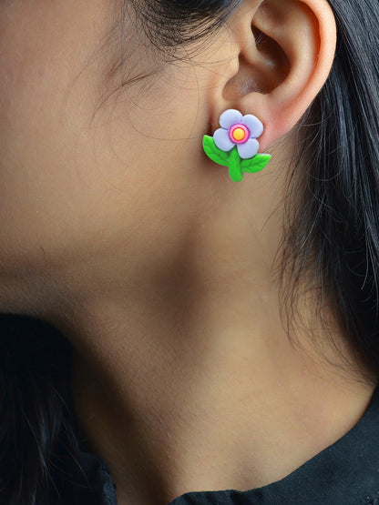 Blue Metal Floral Studs Earrings