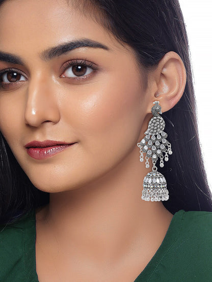 Silver Oxidised Peacock Jhumka Earrings