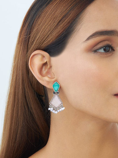 Silver-Plated Geometric Stone Studded Drop Earrings