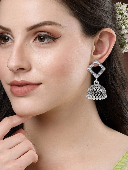 Silver Oxidised Square Shaped CZ Studded Jhumki Earrings