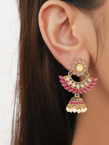 Gold Plated Red Floral Jhumka Earrings