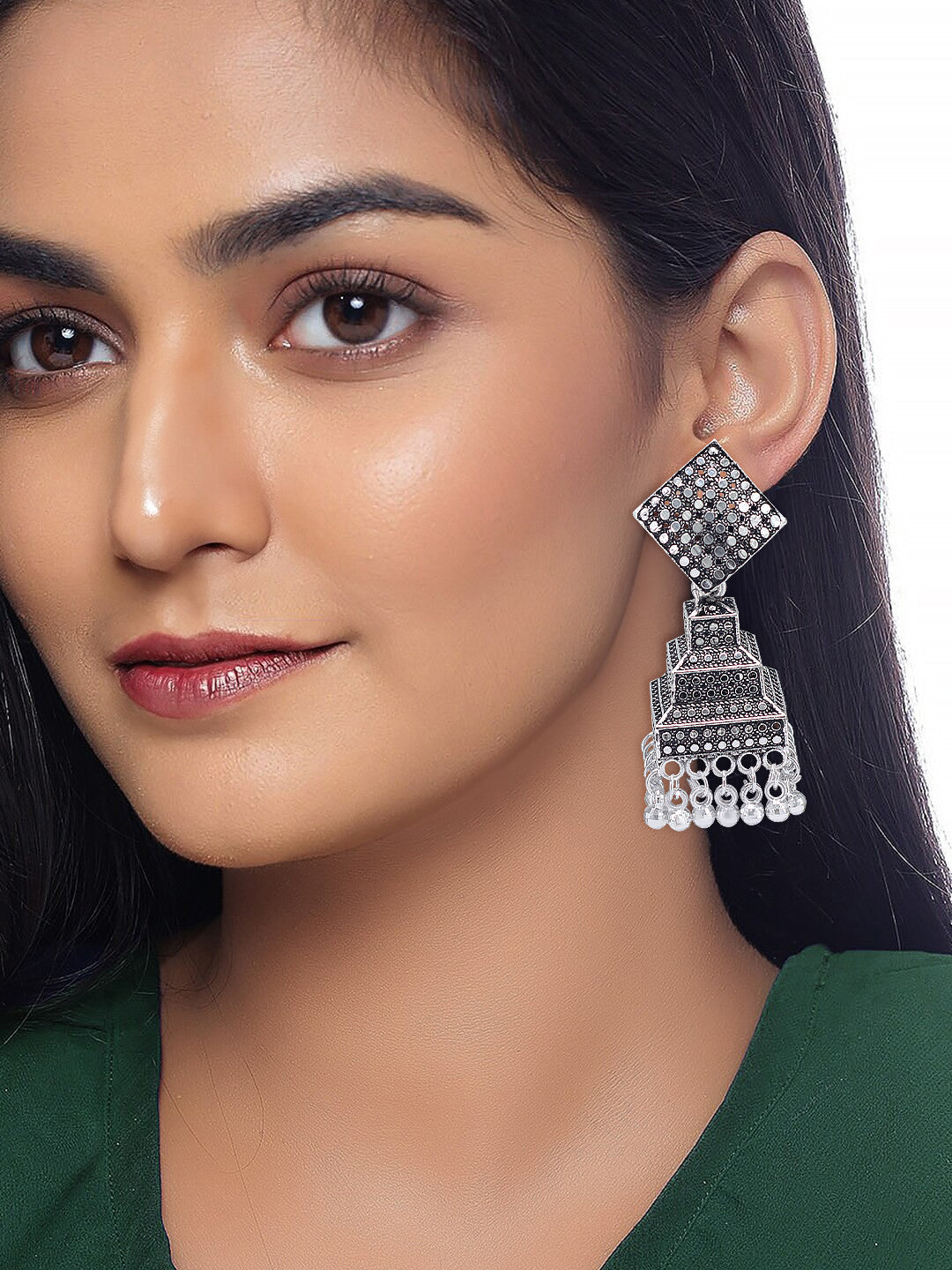 Silver Oxidised Square Jhumka Earrings For Women