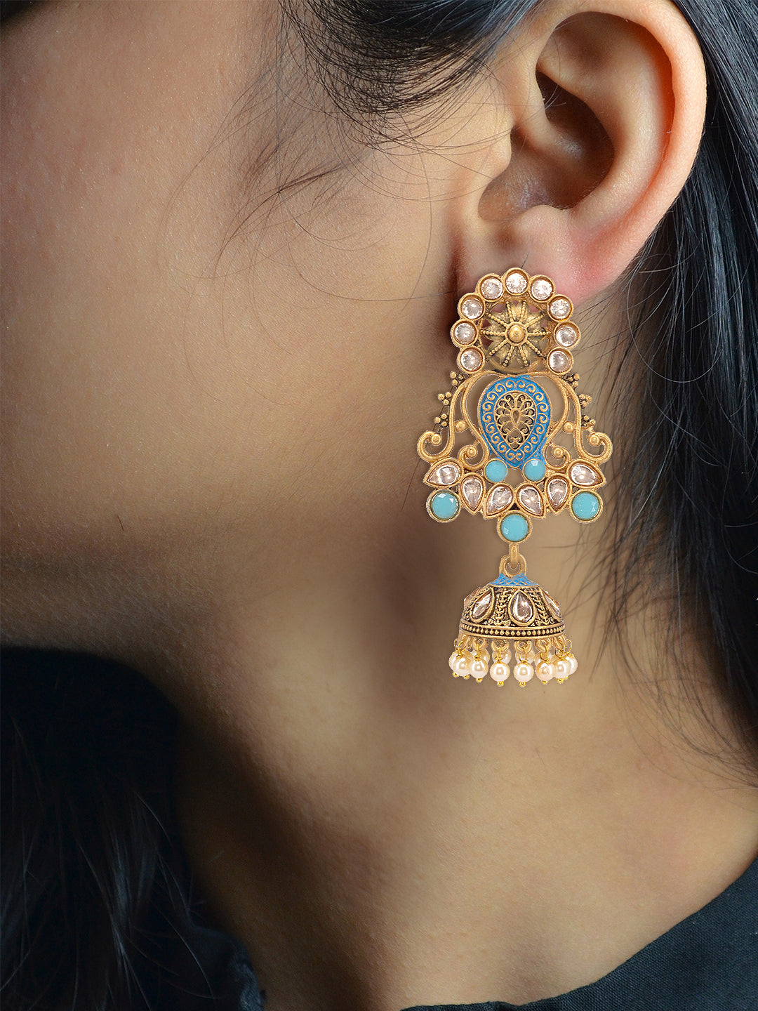 Gold Plated Blue Floral Jhumka Earrings