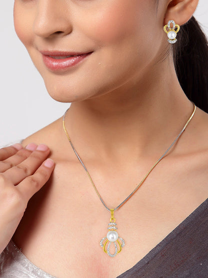 Gold Plated American Diamond Crown Trendy Pendant & Earring Set