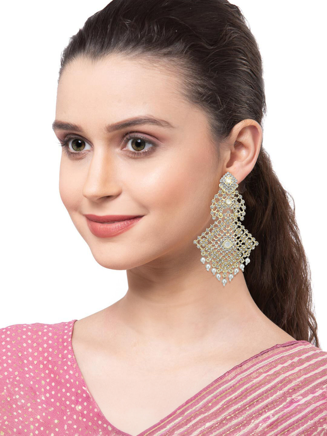 Gold Plated CZ & Pearl Studded Earring With Maang Tikka