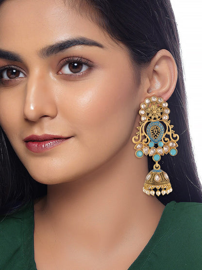 Gold Plated Blue Floral Jhumka Earrings