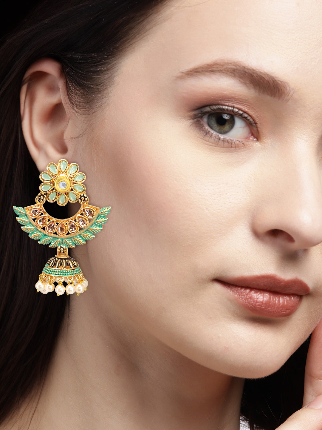 Gold Plated Green Floral Jhumka Earrings