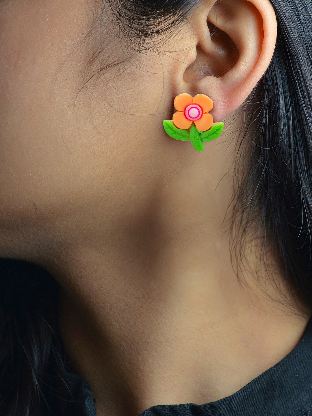 Orange Metal Floral Studs Earrings