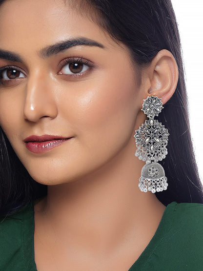 Silver Oxidised Floral Jhumka Earrings