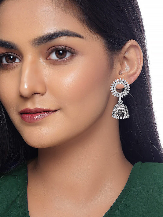 Silver Oxidised Circular CZ Studded Jhumki Earrings For Women