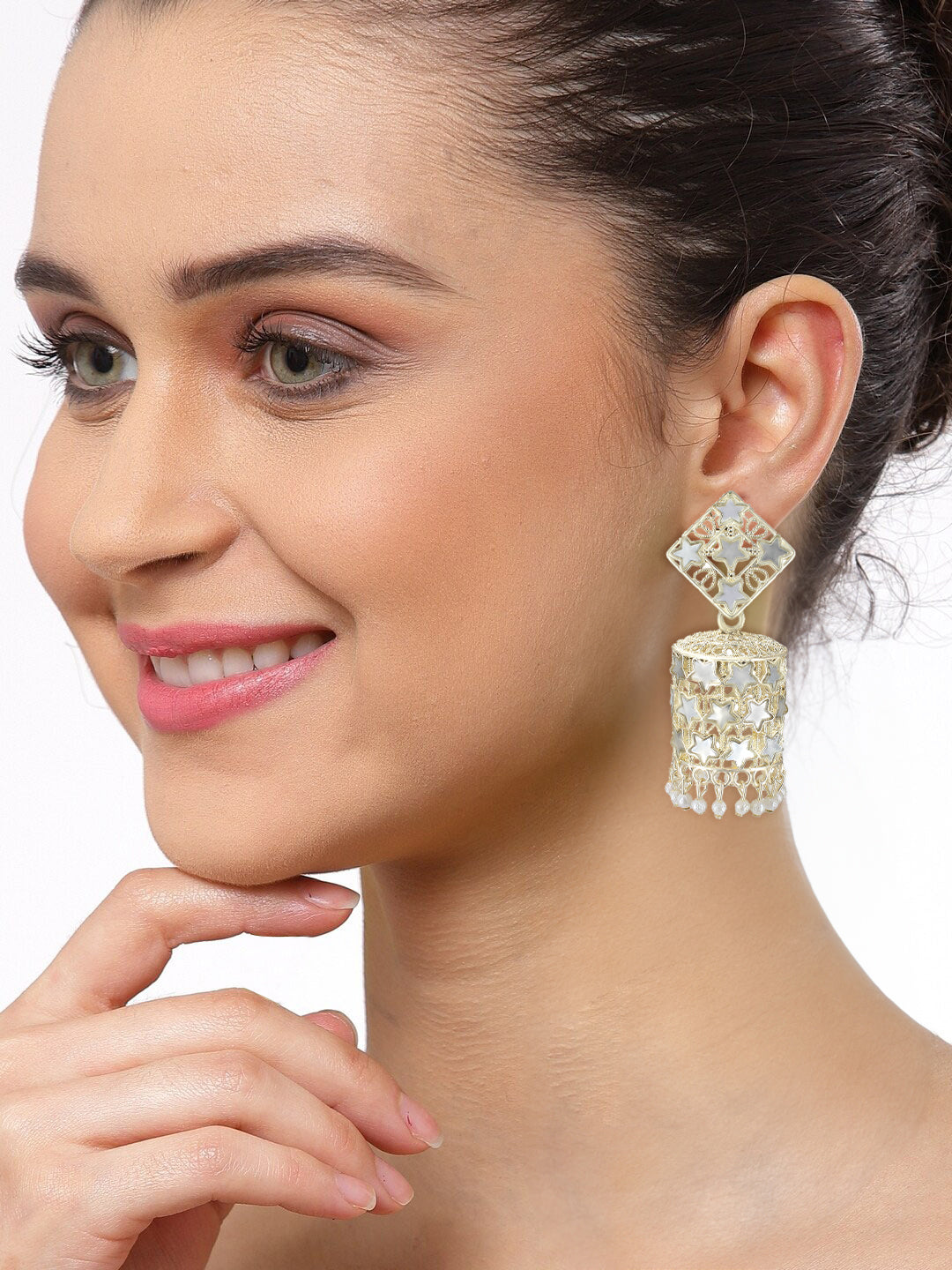 Pack of 3 Gold Plated & Silver Oxidised Artificial Beads & Mirror Studded Jhumka Earrings