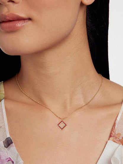 Gold Plated & Red Square Shaped Pendant & Studs Set