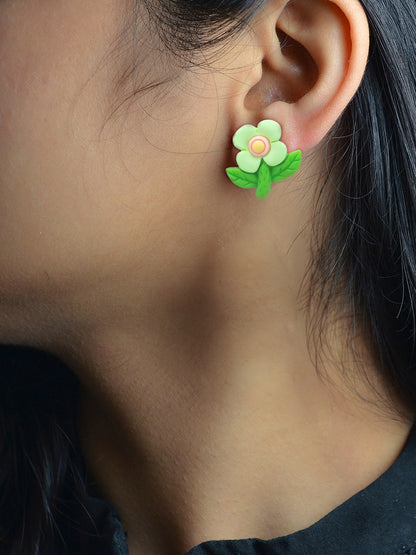 Green Metal Floral Studs Earrings