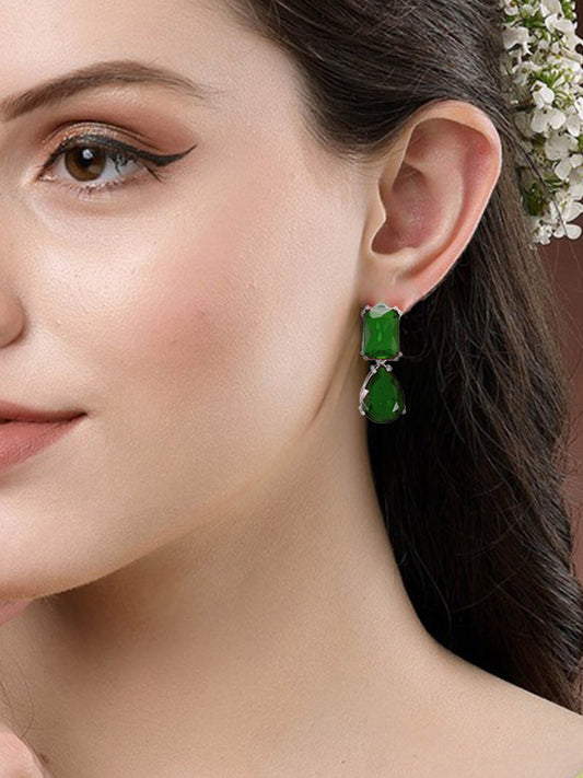 Rhodium Plated Green American Diamond Drop Earrings