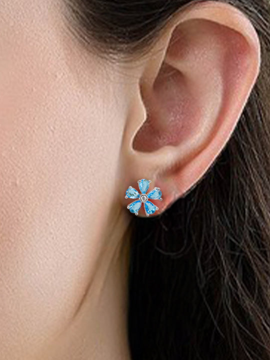 Rhodium Plated Aqua Blue Floral American Diamond Stud Earrings