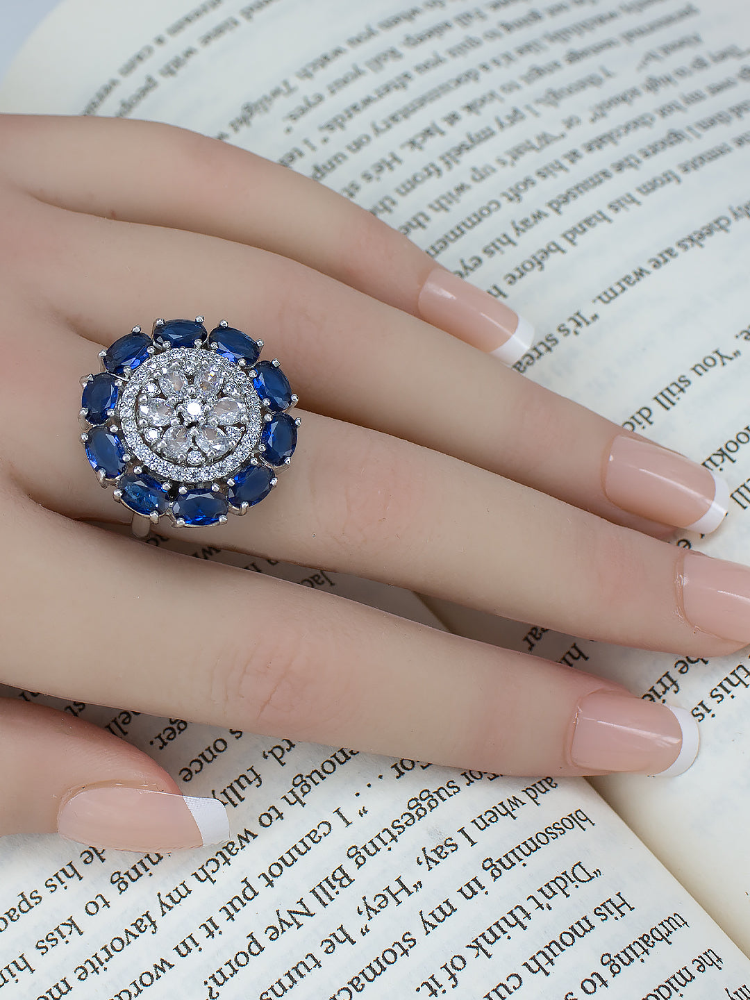 Rhodium-Plated Blue American Diamond Floral Adjustable Trendy Finger Ring