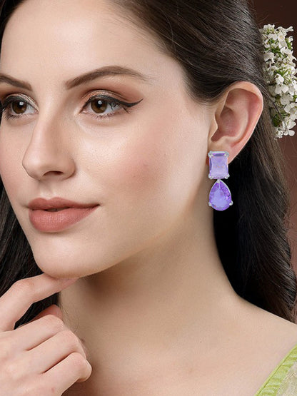 Rhodium Plated Purple American Diamond Teardrop Earrings