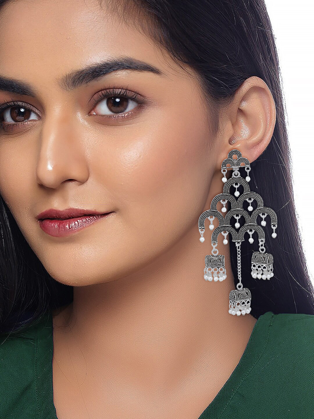 Silver Oxidised Artificial Beads Jhumka Earrings