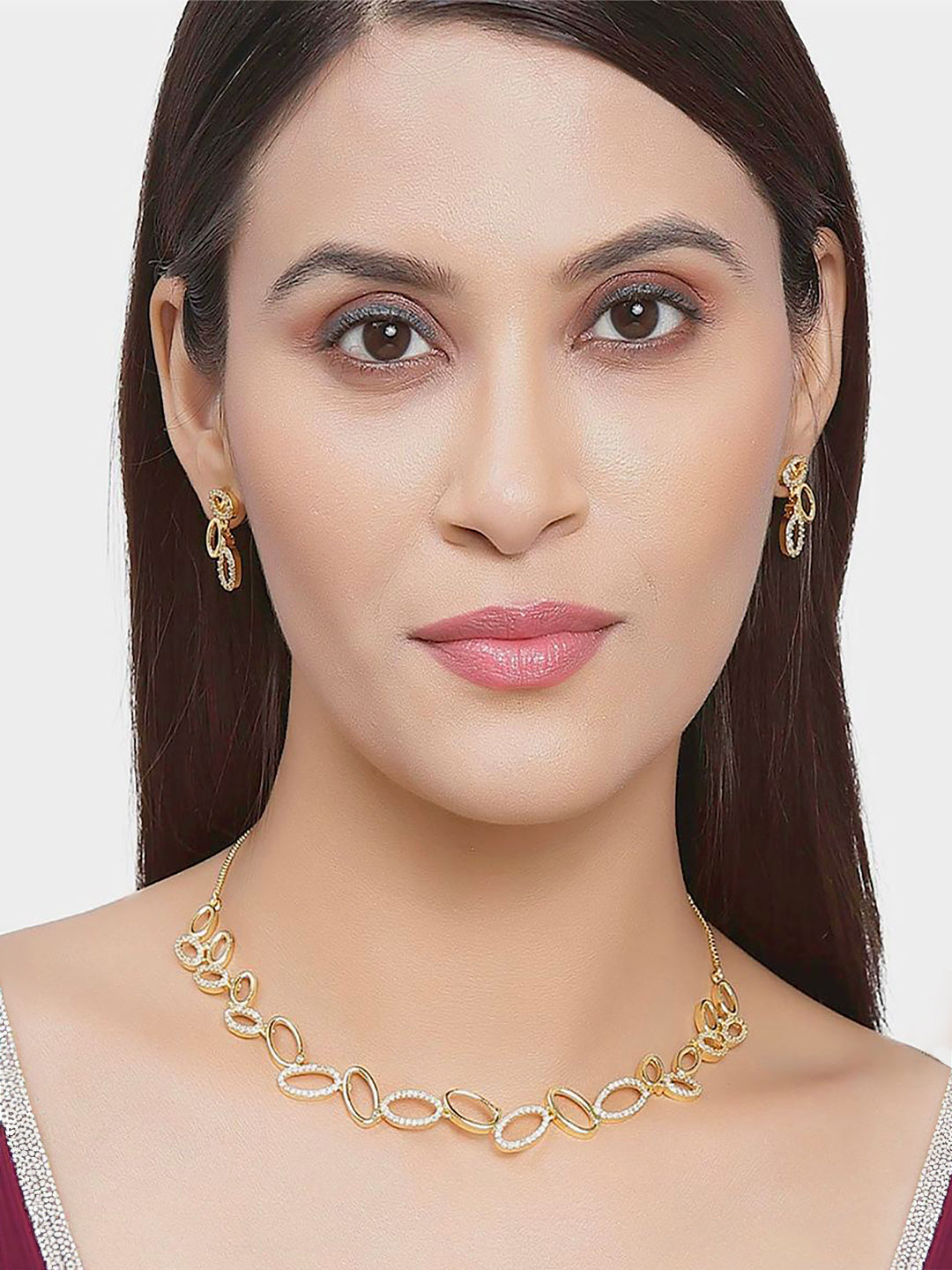 Gold Plated Oval Shaped American Diamond Studded Jewellery Set