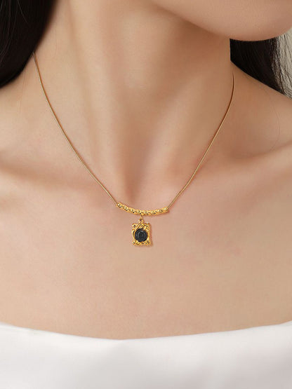 Stainless Steel Black Stone Chain Necklace | Gold Plated Black Stone Studded Pendant Style Chain Necklace