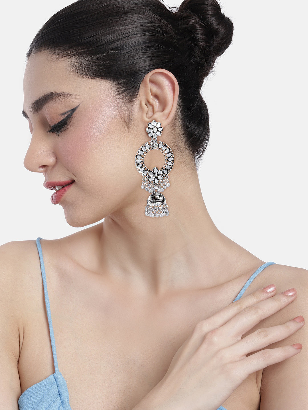 Silver Oxidised Floral Mirror Studded Chandbali Jhumka Earrings