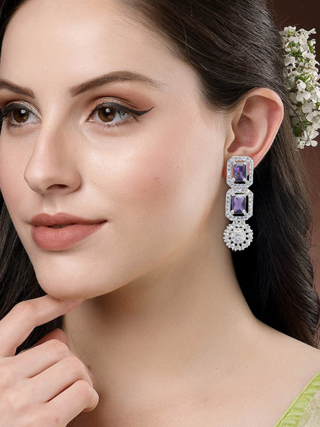 Rhodium Plated Floral Purple AD Trendy Drop Earrings