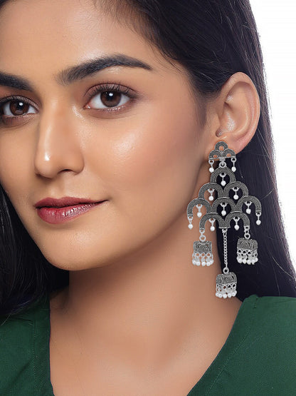 Pack Of 2 Silver-Oxidised Peacock Shaped Artificial Stones Studded Jhumkas