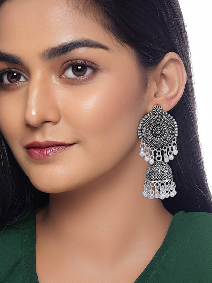 Silver Oxidised Floral Jhumka Earrings