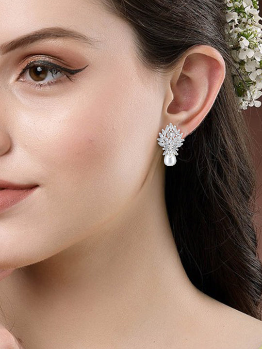 Rhodium Plated American Diamond Studded Floral Drop Earrings