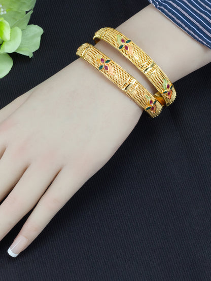 Gold Plated Kada Style Floral Meenakari Bangle Pair