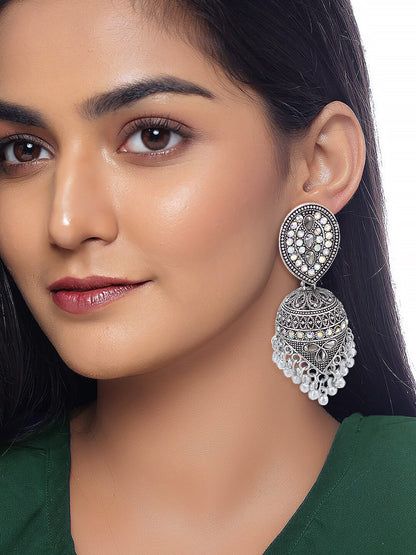 Silver Oxidised Artificial Stone Studded Jhumka Earrings