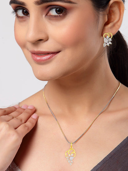 Gold Plated American Diamond Trendy Pendant & Earring Set