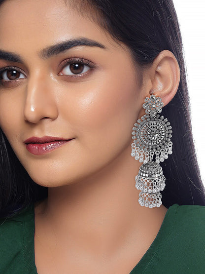 Silver Oxidised Floral Jhumka Earrings