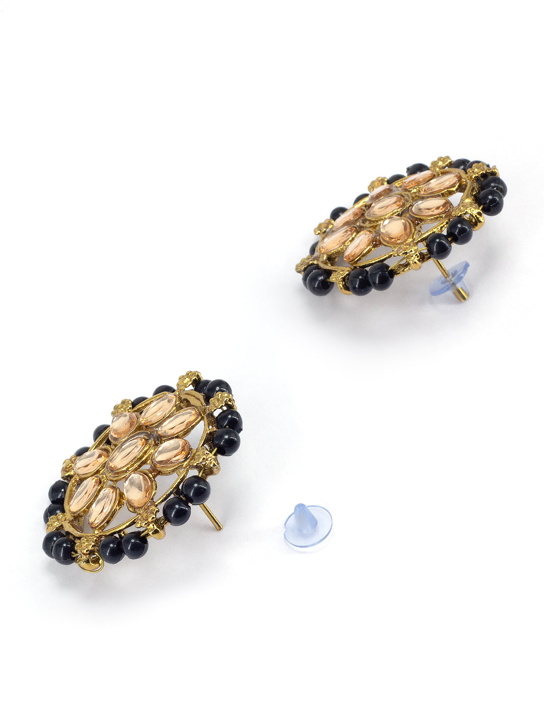 Gold-Plated Black Stone Studded & Beaded Jewellery Set With Maangtika & Adjustable Finger Ring