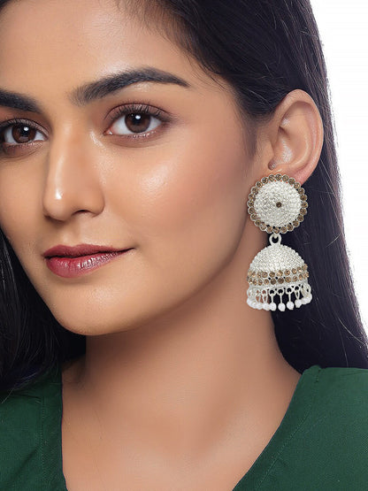 Silver Plated Artificial Stones & Beaded Jhumka Earrings With Mang Tika