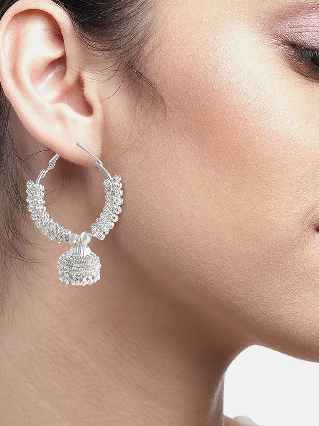 Pack of 4 Silver Plated Artificial Stones Studded Jhumka & Hoop Earrings