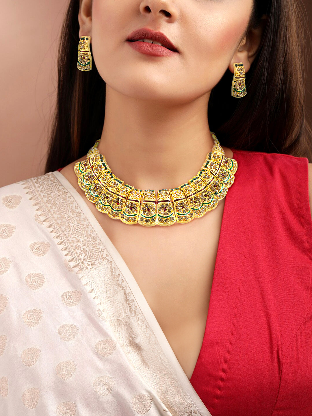 Gold-Plated Stones-Studded Rajwadi Jewellery Set