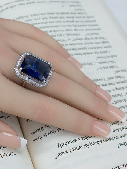 Rhodium-Plated Blue American Diamond Square Adjustable Finger Ring