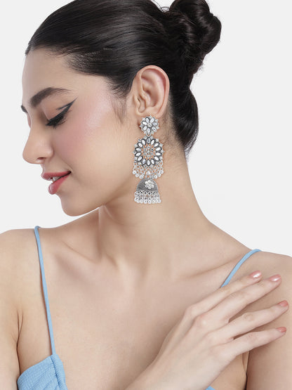 Silver Oxidised Floral Jhumka Earrings