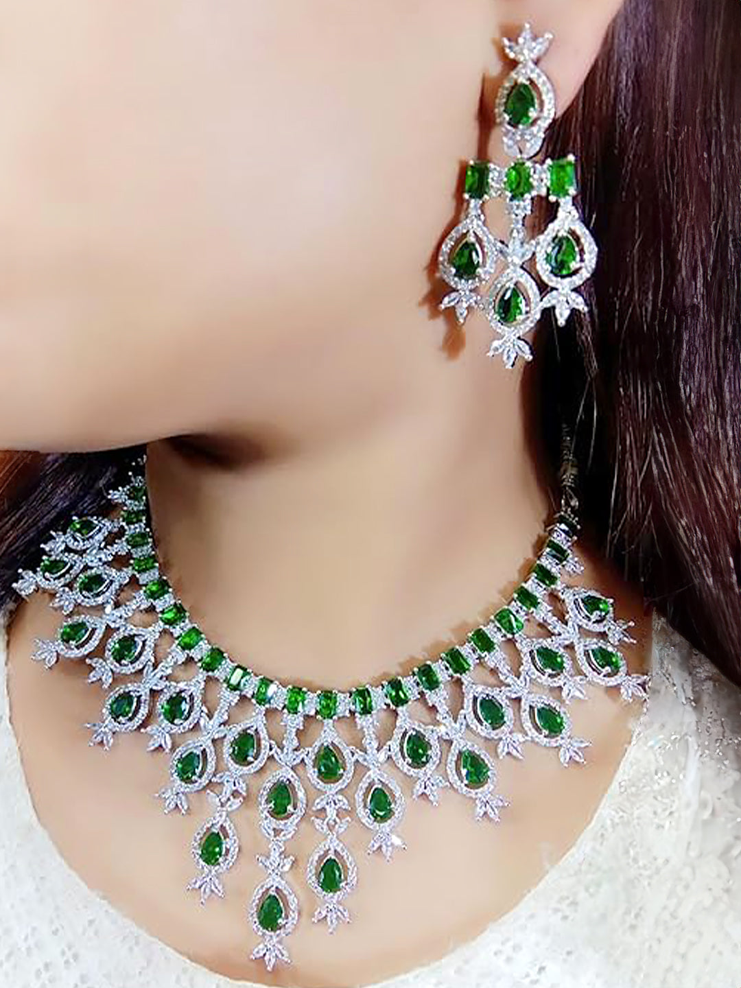 Rhodium Plated American Diamond Studded Green Jewellery Set