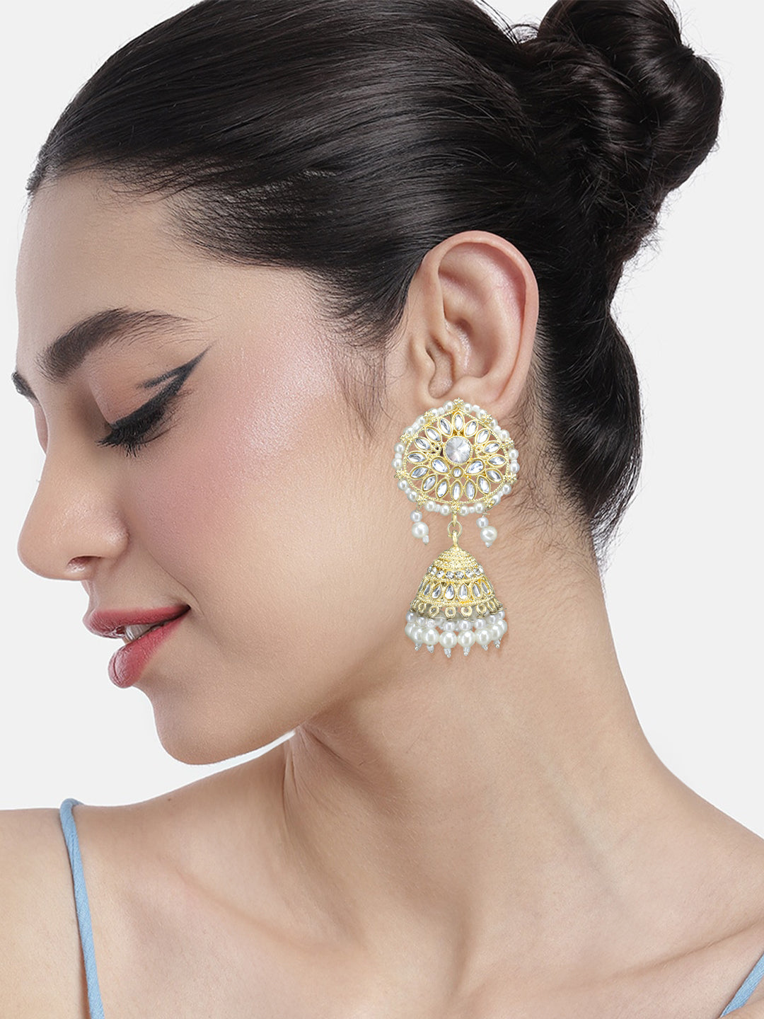 Gold- Plated Kundan Stone Studded & Pearl Beaded Jhumka Earrings With Maangtika