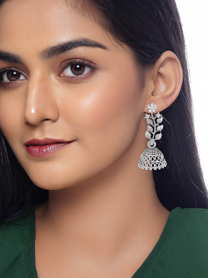 Silver Oxidised Leaf Shaped Stone Studded Jhumki Earrings