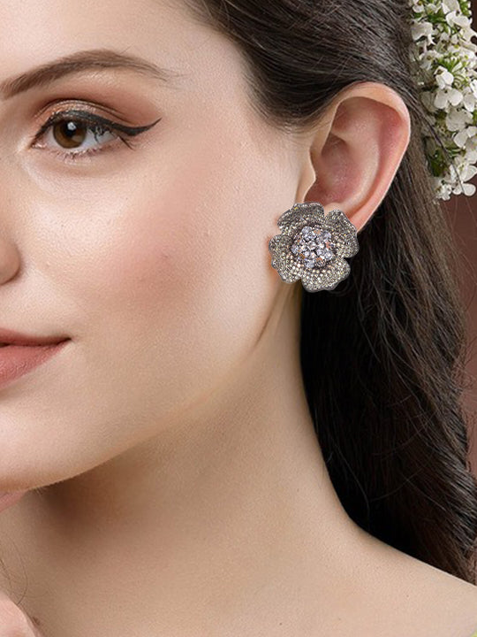 Rhodium Plated Floral American Diamond Stud Earrings