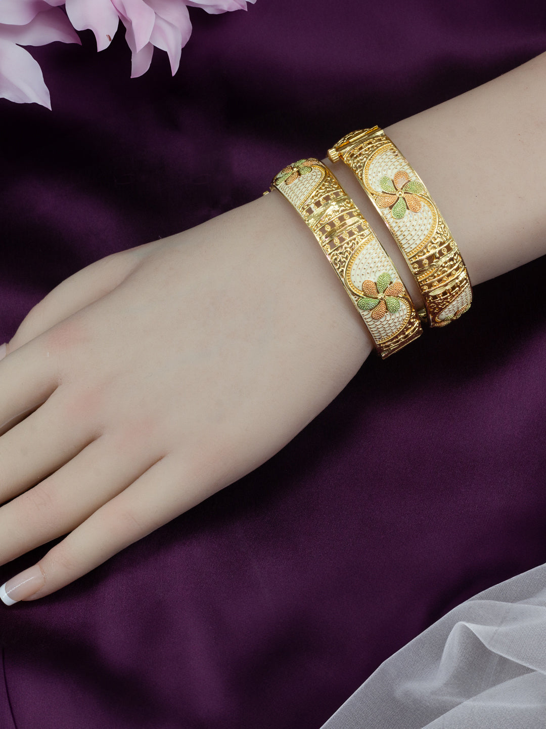 Gold Plated Chunky Floral Meenakari Bangle Pair